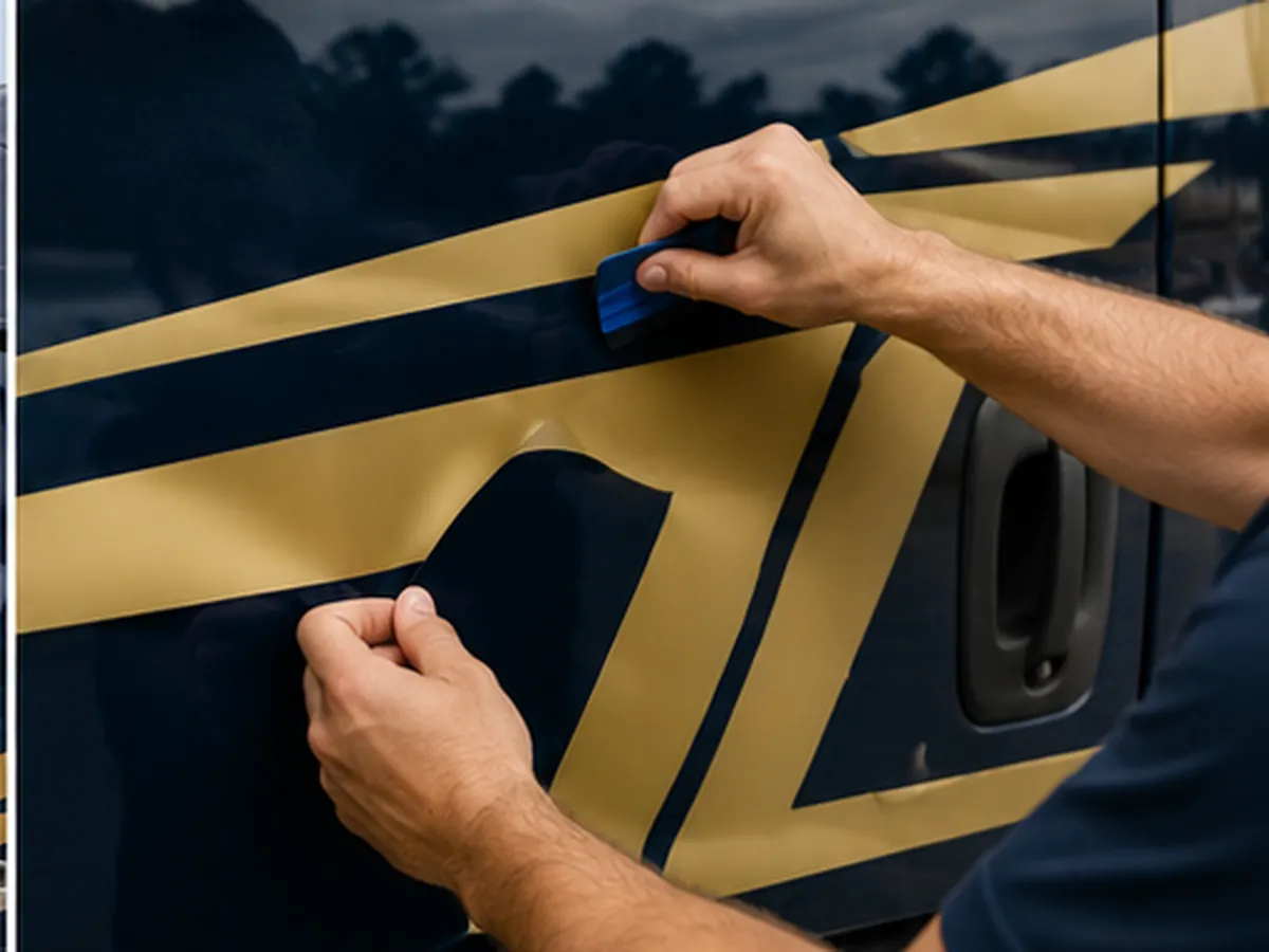Gloved hands squeegeeing gold vinyl onto a navy truck door