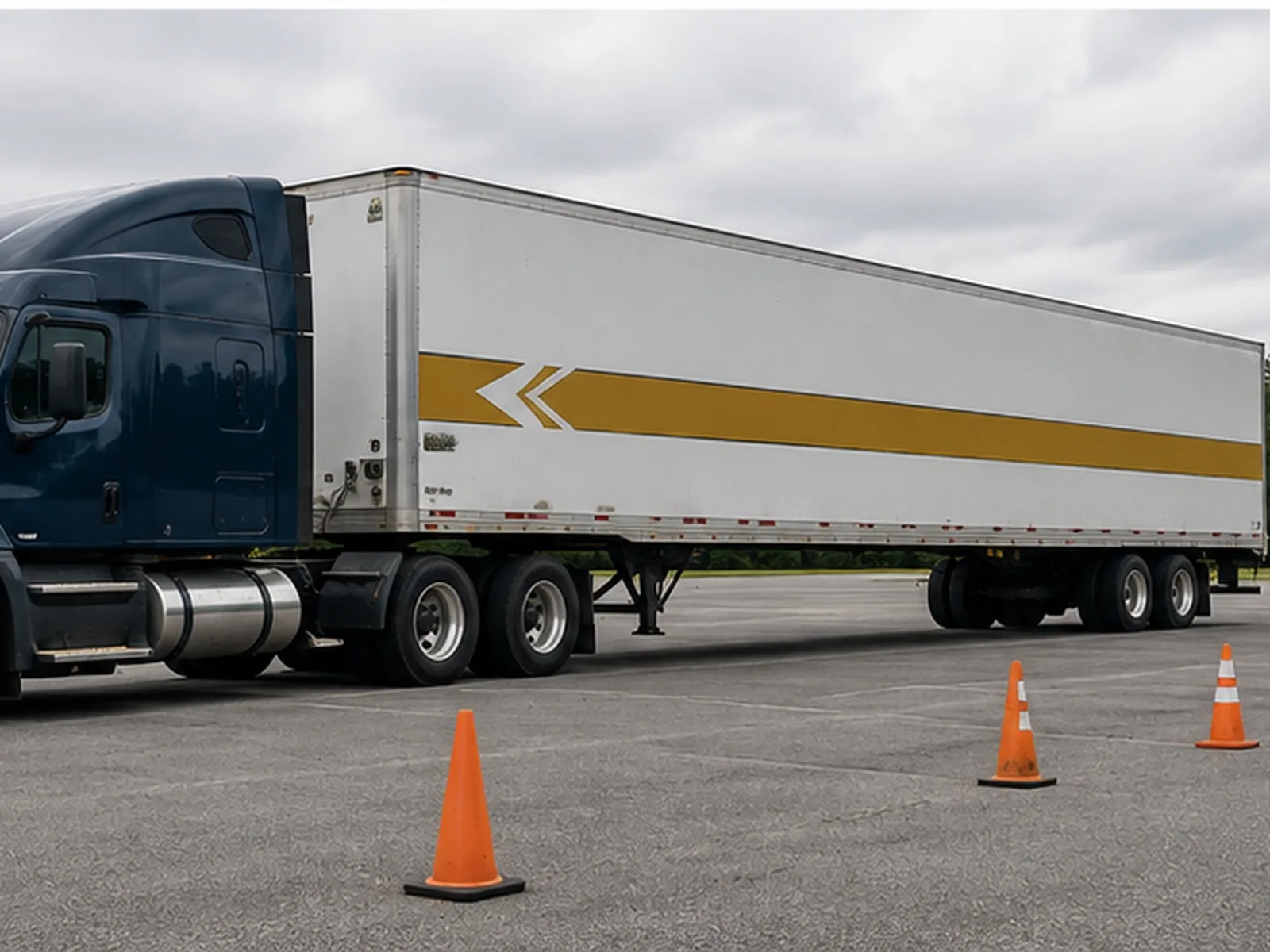 Concept design: navy tractor and white trailer with a gold band on a cone-marked training pad