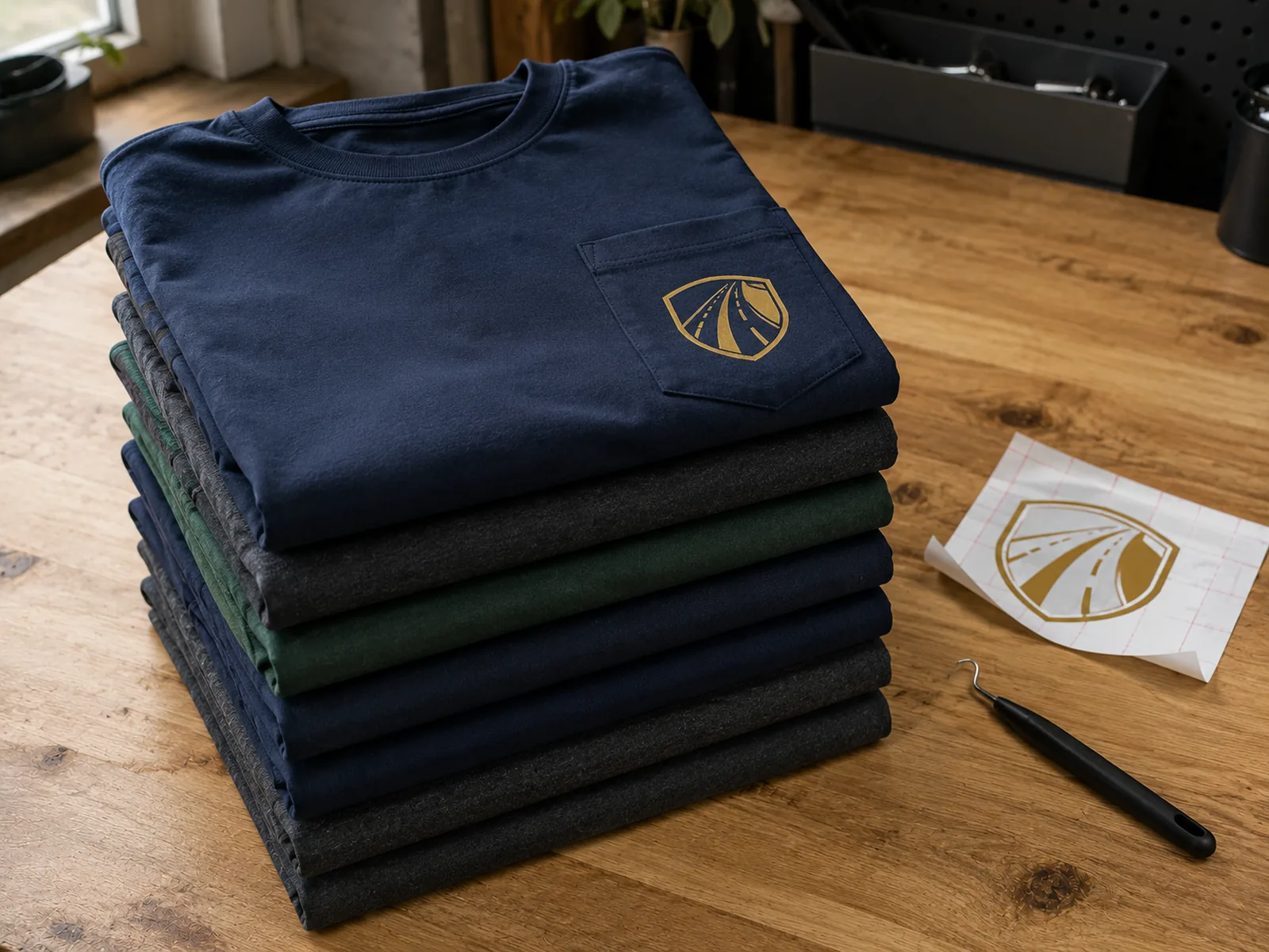 Concept design: folded custom shirts with one-color vinyl marks