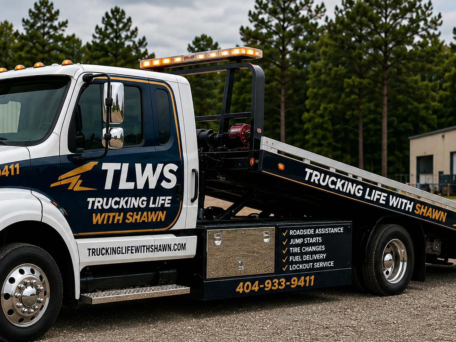 Concept design: rollback tow truck with full cab branding, bed lettering and a service list panel