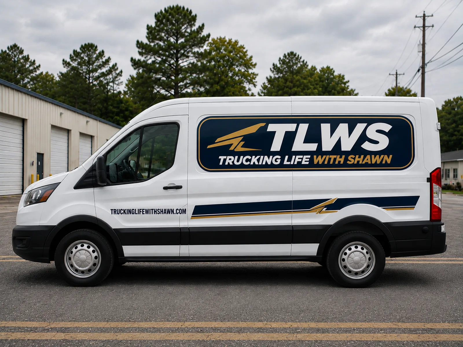 Concept design: cargo van with full side branding, navy panel and gold accent stripe
