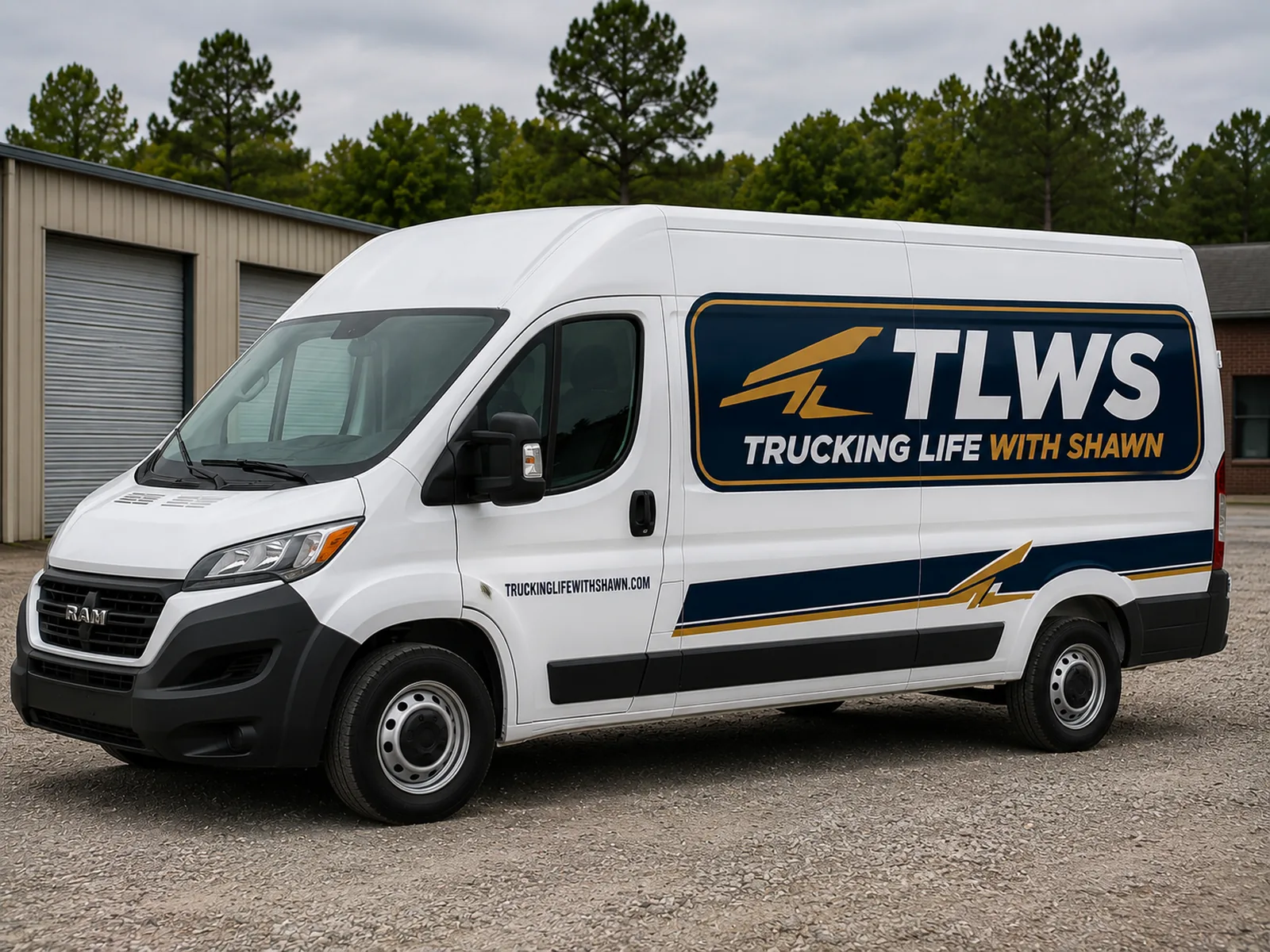 Concept design: high-roof cargo van lettered with Trucking Life with Shawn branding, navy and gold side panel and lower stripe