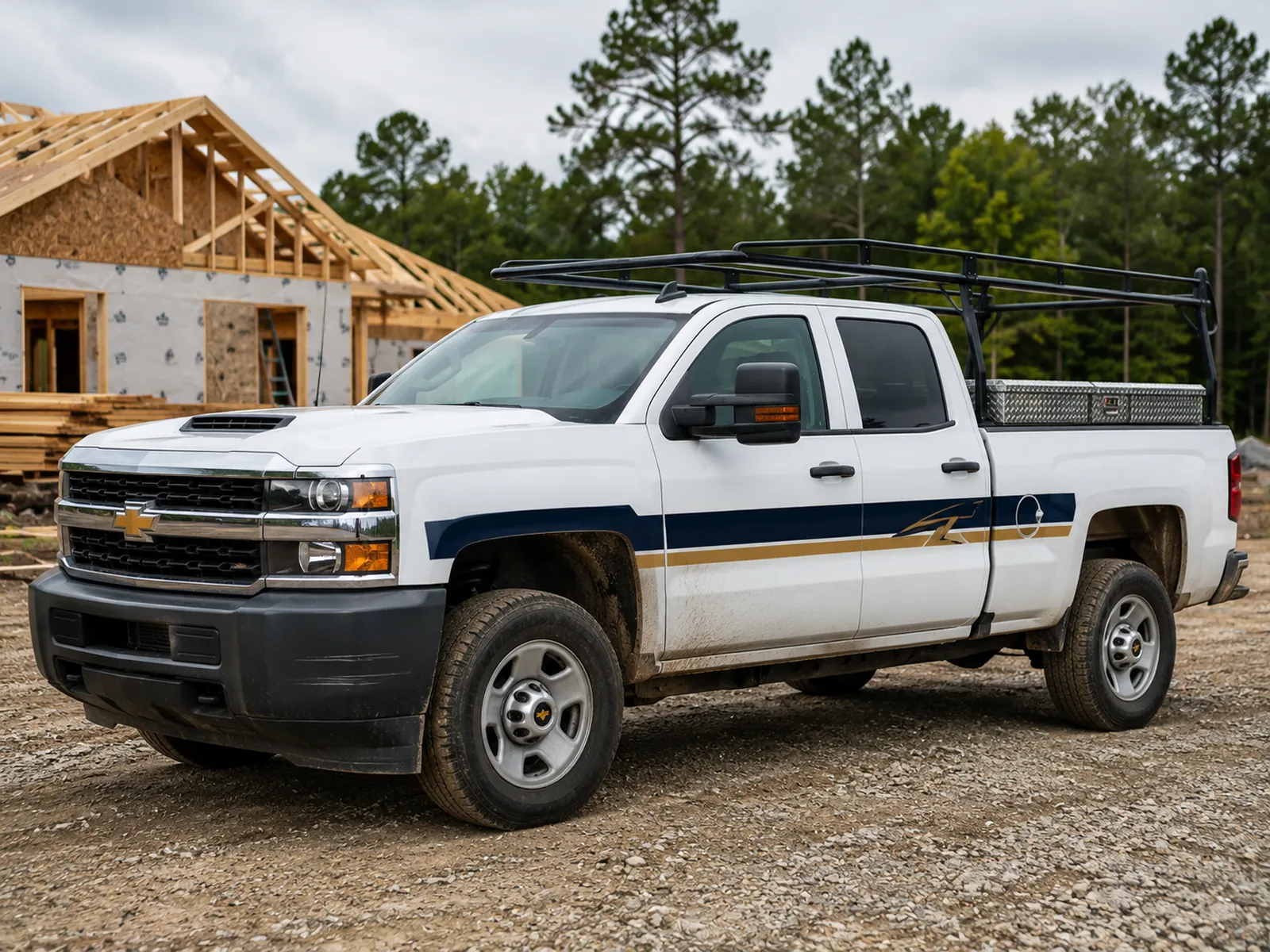 Concept design: contractor pickup with navy and gold door stripes