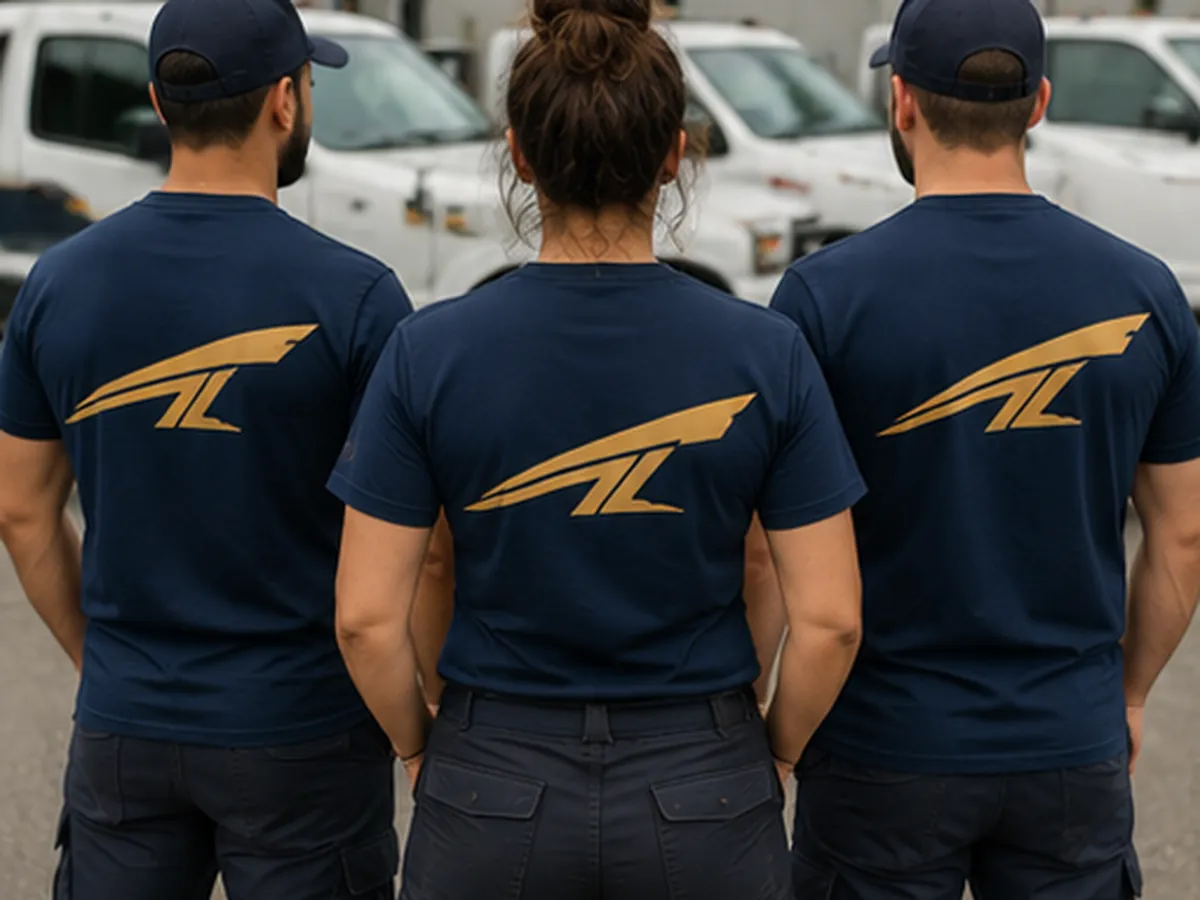 Concept design: matching navy crew shirts with a one-color gold chest mark