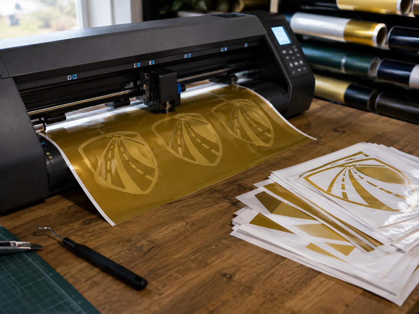 Vinyl cutter mid-job with gold vinyl feeding through, weeding tool and finished cut sheets on the workbench