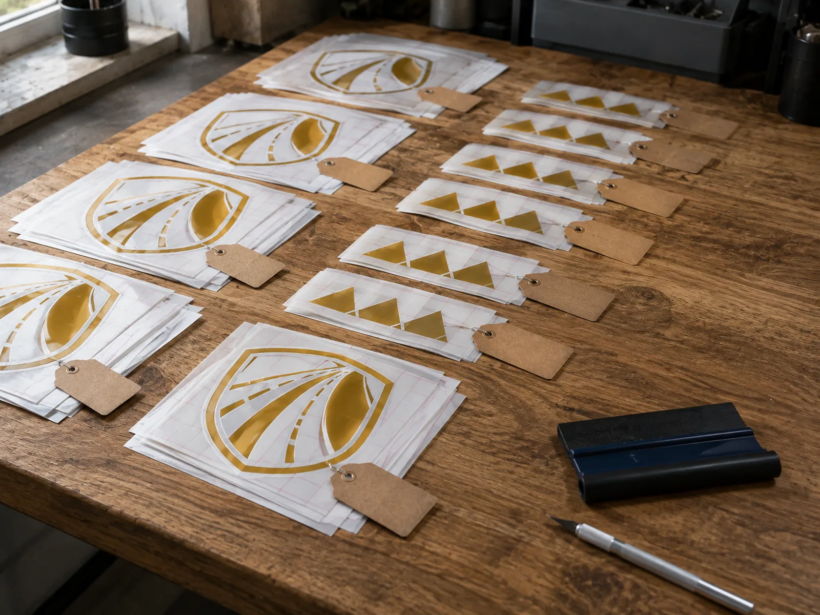 Concept design: batches of prepared vinyl decals on a workbench