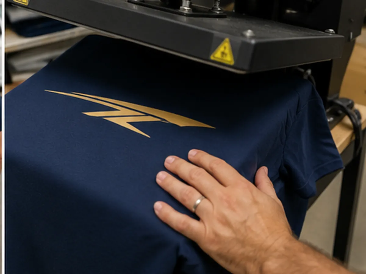 Heat press closing over a navy shirt with a gold vinyl design