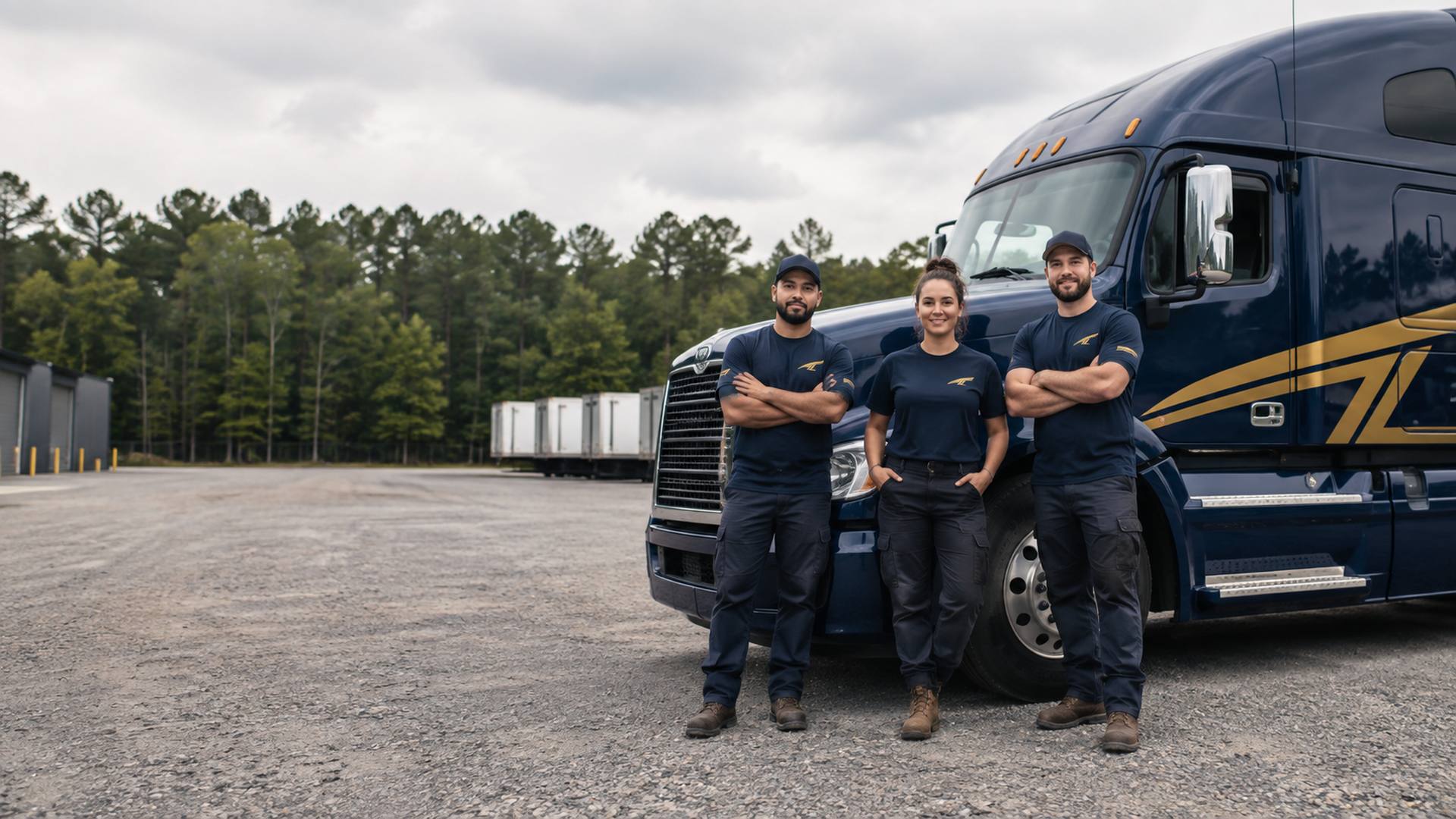 Three crew members in matching navy work shirts standing beside a navy tractor with gold vinyl graphics in a Georgia yard